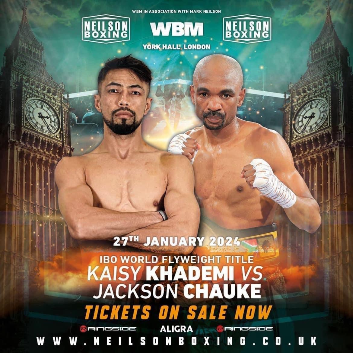 Kaisy Khademi defeated by Jackson Chauke in world title fight at the York Hall ibo boxrec flyweight title watch full fight highlights next youtube ko points ud afghan first uk scores results reports