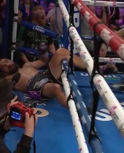 nick ball knocks ronny rios out of the ring in round 10